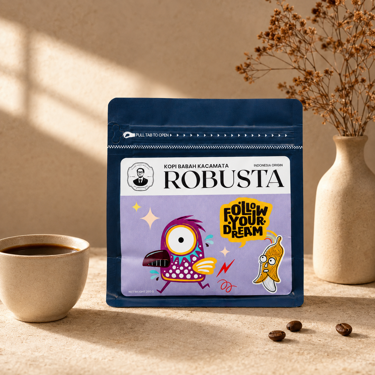 Kopi Babah Kacamata Robusta 250g pack