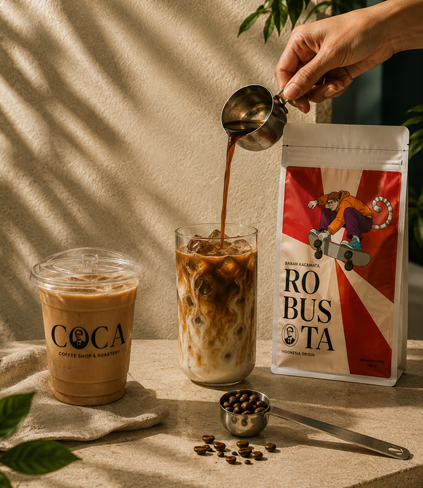 Kopi Babah Kacamata Robusta pack next to a COCA iced coffee